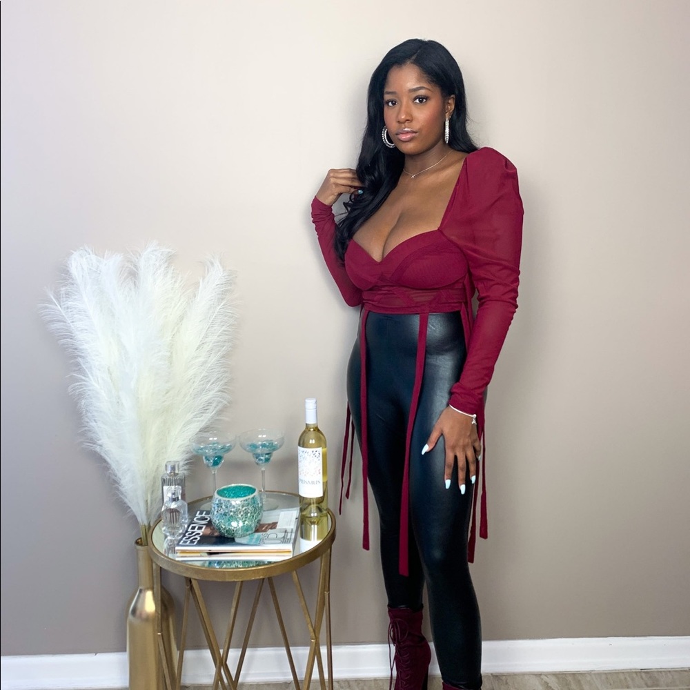 Burgundy Puff Sleeve Crop Top